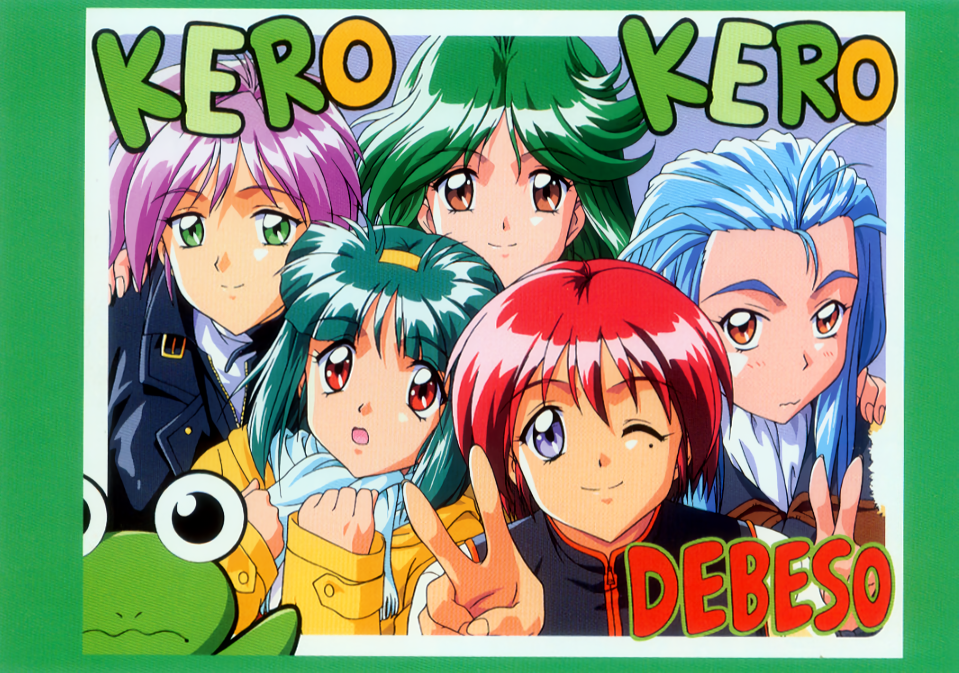 1990s_(style) 5girls asou_kasumi blue_eyes blue_hair border brown_eyes frog green_border green_eyes green_hair group_picture hand_on_another&#039;s_shoulder hinomoto_hikari kokura_masashi long_hair minazuki_kotoko mole mole_under_eye multiple_girls non-web_source official_art one_eye_closed pink_hair red_hair retro_artstyle sakura_kaedeko scarf short_hair smile tokimeki_memorial tokimeki_memorial_2 v yae_kaori