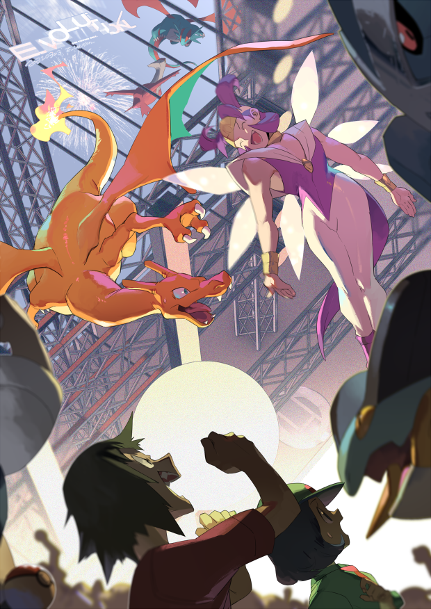 1girl 2boys :d artist_name black_hair bracelet charizard clenched_hands closed_eyes e_volution fire fireworks flame-tipped_tail frontier_brain gen_1_pokemon gen_3_pokemon green_headwear green_shirt hat jewelry latias legendary_pokemon metagross multiple_boys nintendo open_mouth picnicker_(pokemon) poke_ball poke_ball_(basic) pokemaniac_(pokemon) pokemon pokemon_(creature) pokemon_emerald pokemon_rse purple_hair red_shirt salamence scaffolding shirt short_sleeves smile swampert tail teeth tongue tucker_(pokemon) |d