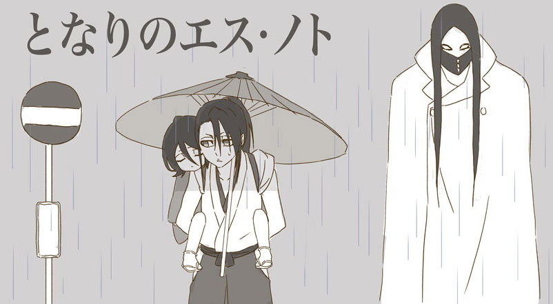 1girl 2boys androgynous as_nodt bleach bleach:_sennen_kessen-hen bus_stop cape carrying closed_eyes commentary greyscale japanese_text kuchiki_byakuya kuchiki_rukia long_hair mask monochrome multiple_boys no_entry_sign oil-paper_umbrella outdoors piggyback quincy_(bleach) rain road_sign shinigami sign spikes sternritter text_focus totoro_bus_stop translation_request umbrella wandenreich white_cape