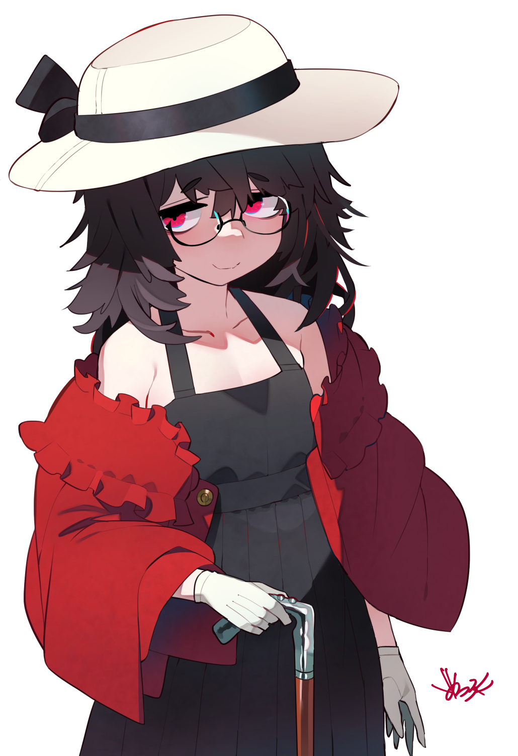 1girl bags_under_eyes black_dress black_hair breasts cane cleavage closed_mouth collarbone commentary_request dress gloves hair_between_eyes hat high-waist_dress highres holding holding_cane kometsubu medium_hair nobi_nobi:_steampunk original red_eyes red_shrug semi-rimless_eyewear signature simple_background smile solo under-rim_eyewear white_background white_gloves white_hat