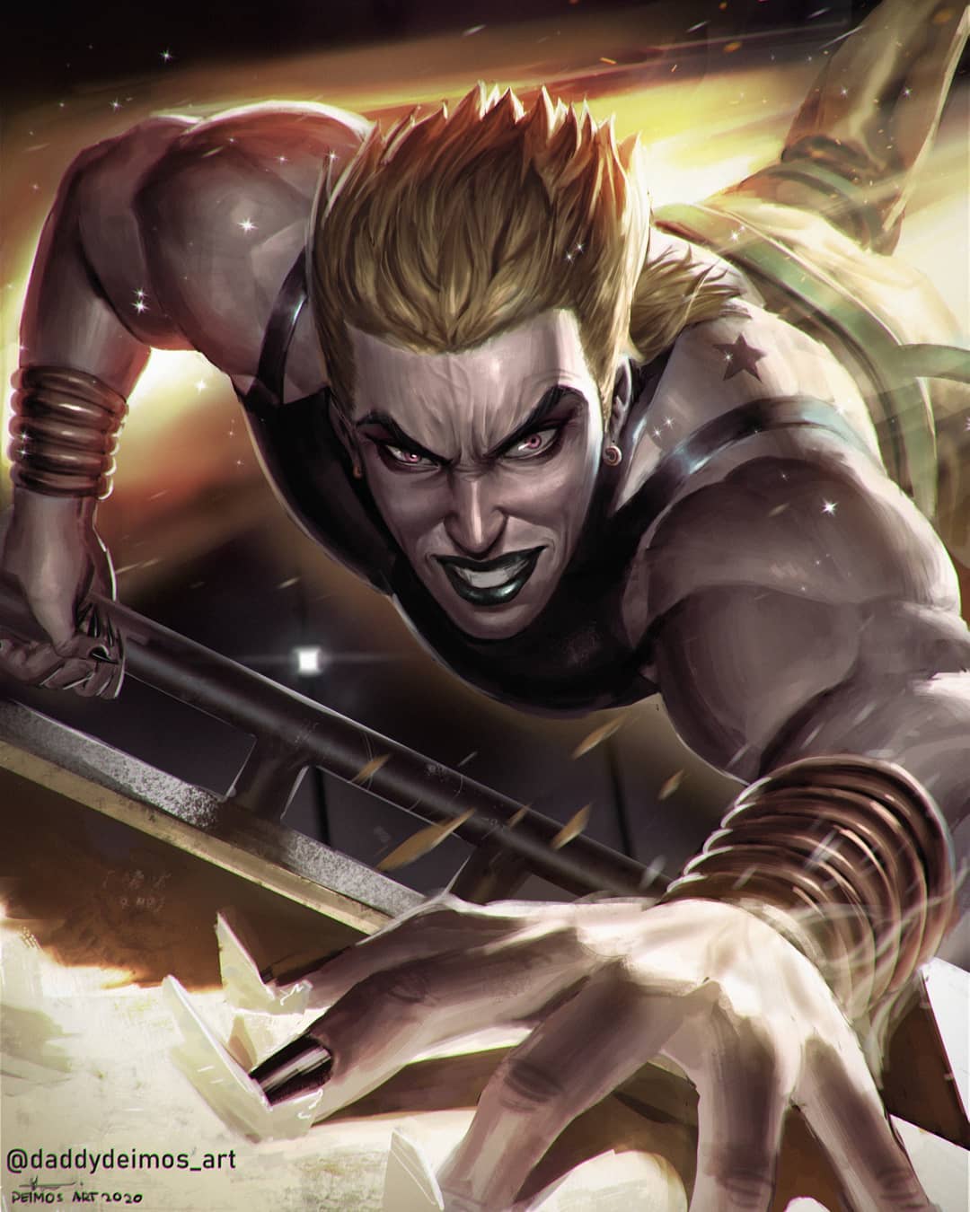 1boy biceps birthmark black_lips black_nails blonde_hair bracelet clenched_teeth deimos_art dio_brando fingernails highres jewelry joestar_birthmark jojo_no_kimyou_na_bouken looking_at_viewer meme mullet muscular muscular_male piercing road_roller_da!_(meme) sharp_fingernails short_hair solo stardust_crusaders steamroller teeth v-shaped_eyebrows yellow_theme