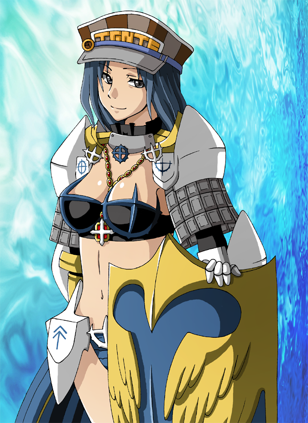 1girl armor bikini_armor blue_background blue_hair breasts brown_hat cleavage closed_mouth commentary_request cowboy_shot cross cross_necklace cross_of_prontera gauntlets grey_eyes hat holding holding_shield ignis_cap jewelry large_breasts looking_at_viewer monou0135 navel necklace pauldrons ragnarok_online royal_guard_(ragnarok_online) shield short_hair shoulder_armor smile solo