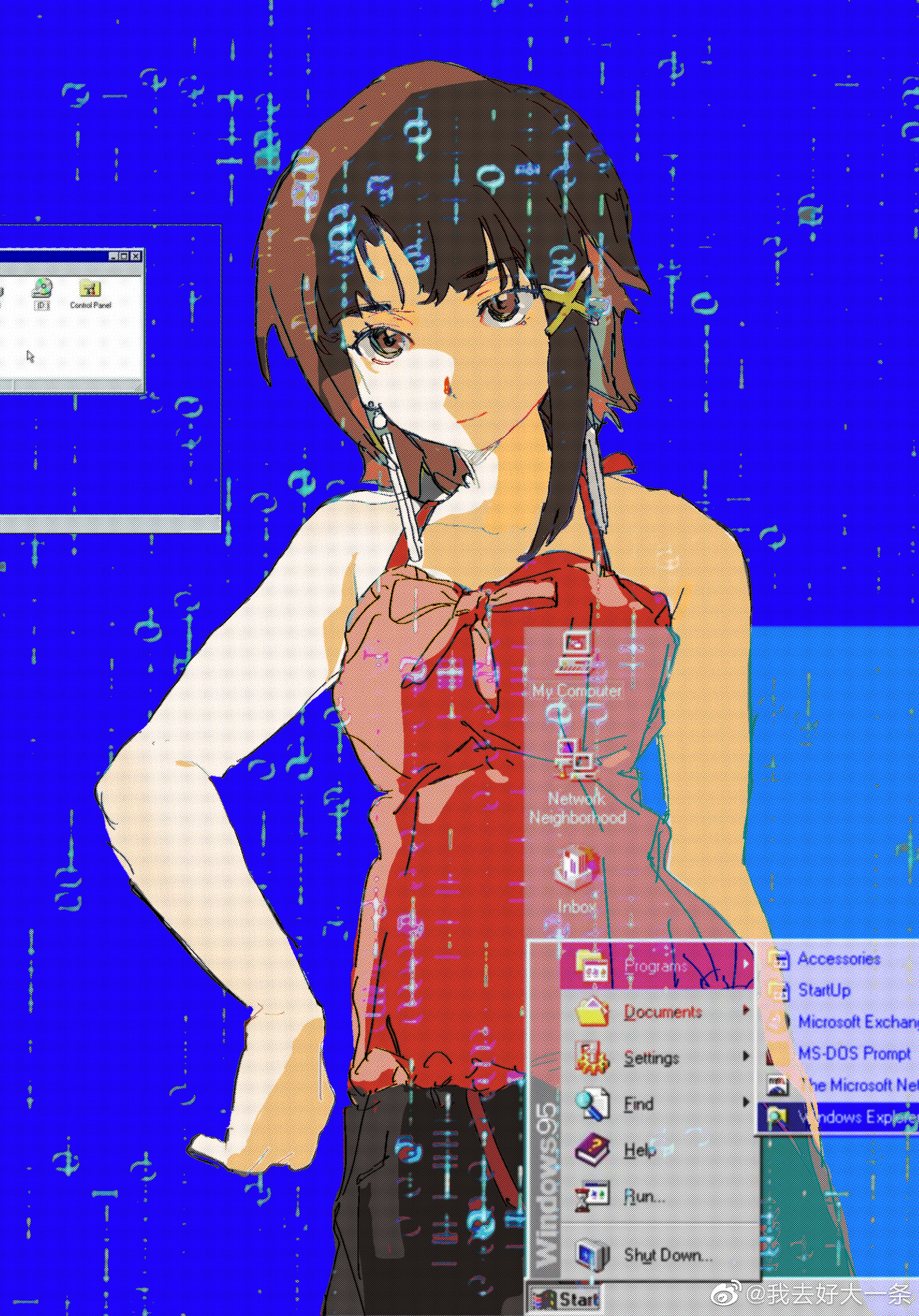 1girl asymmetrical_hair bare_shoulders brown_eyes brown_hair camisole cloudyooooo desktop_(computing) ear_piercing earrings glitch hair_ornament hairclip highres iwakura_lain jewelry looking_at_viewer microsoft_windows ms-dos piercing serial_experiments_lain short_hair single_sidelock smile solo watermark weibo_watermark window_(computing) windows_95 windows_classic x_hair_ornament
