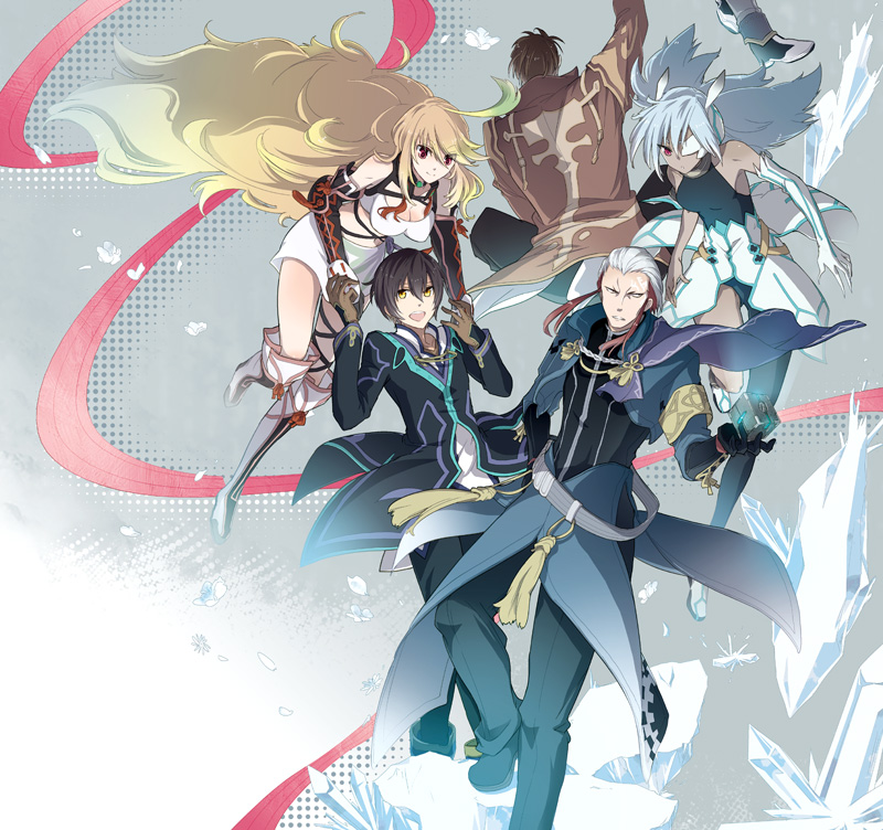 2girls 3boys ahoge alvin_(tales) bandeau black_hair blonde_hair boots breasts brown_hair celsius celsius_(tales) cleavage coat eyepatch gilland_(tales) gloves green_hair grey_hair ice jirand jude_mathis knee_boots long_hair milla_maxwell multicolored_hair multiple_boys multiple_girls red_eyes red_hair sidelocks smile tales_of_(series) tales_of_xillia thighhighs two-tone_hair yellow_eyes yukimatsu