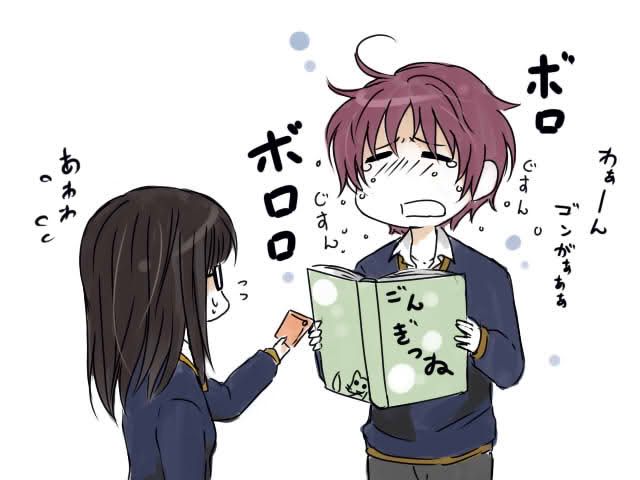 1boy 1girl fate/prototype fate_(series) messy_hair non-web_source perseus_(fate) sajou_ayaka_(fate/prototype) school_uniform