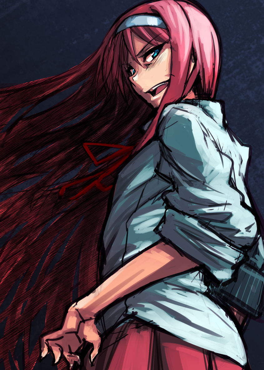 00s 1girl blue_eyes female_focus flat_chest from_side hairband kagami_uekusa long_hair melty_blood pleated_skirt red_hair skirt sleeves_pushed_up solo tohno_akiha toono_akiha tsukihime vermillion_akiha very_long_hair