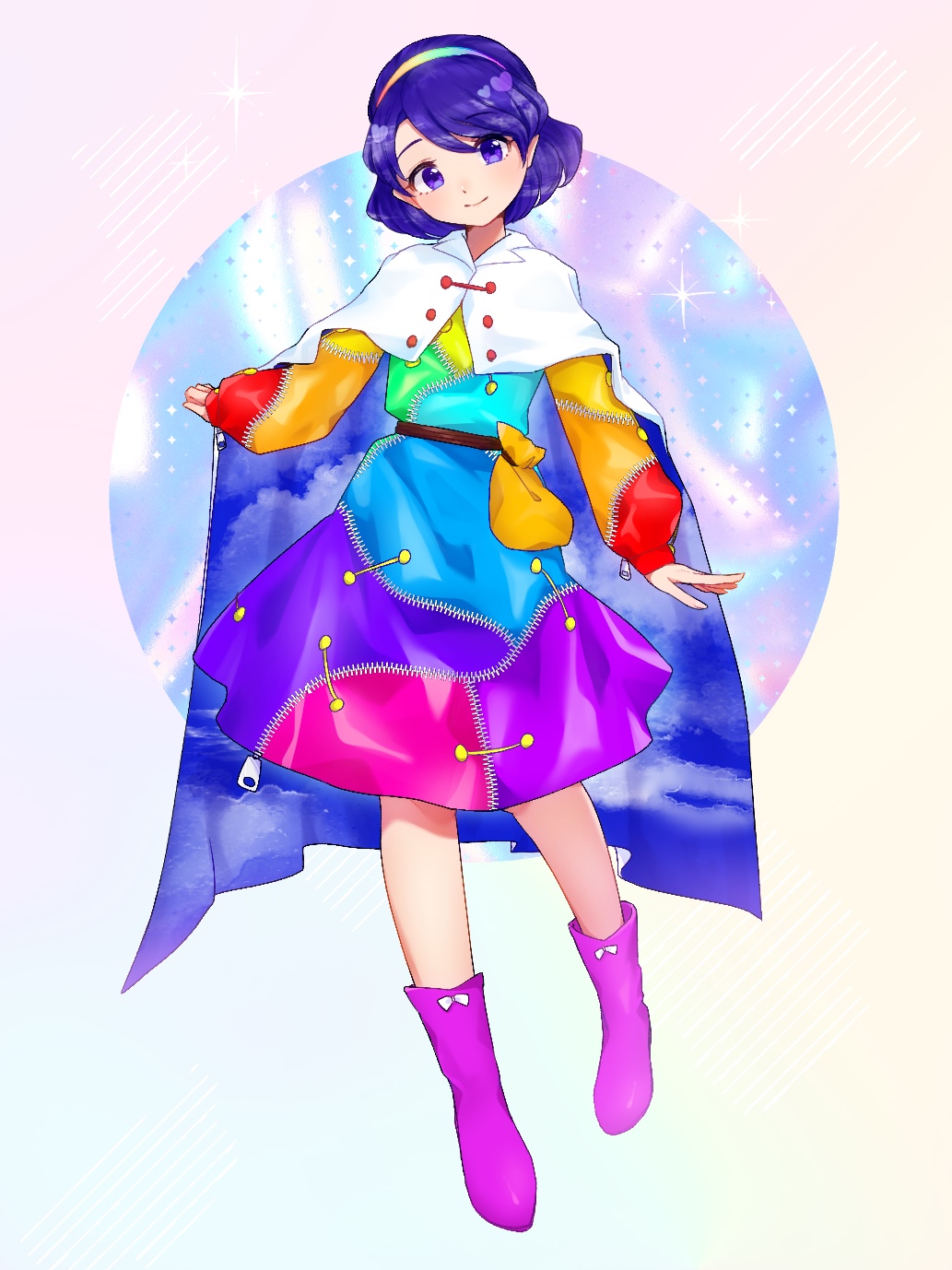 1girl belt belt_pouch boots bow brown_belt cape circle closed_mouth collared_cape commentary dress footwear_bow full_body gradient_background hairband head_tilt highres leg_up long_sleeves motsi_x multicolored_dress multicolored_hairband patchwork_clothes pouch puffy_long_sleeves puffy_sleeves purple_boots purple_eyes purple_hair rainbow_hairband short_hair sky_print smile solo sparkle standing swept_bangs tenkyuu_chimata touhou two-sided_cape two-sided_fabric zipper_pull_tab