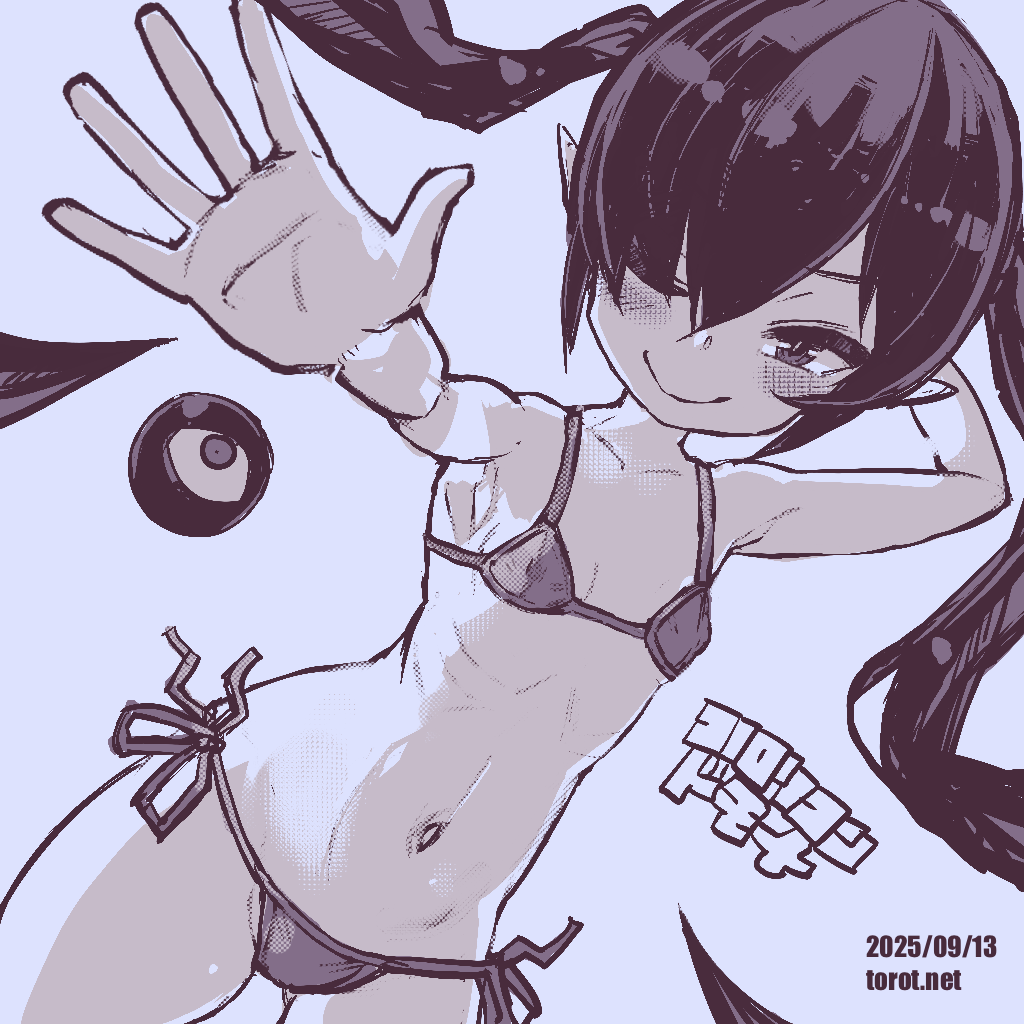 1girl arm_behind_head armpit_crease backbeako_(torotei) backbeard bikini blue_background blue_theme blush breasts closed_mouth commentary_request cowboy_shot dated dated_commentary dutch_angle gegege_no_kitarou hair_over_one_eye kono_lolicon_domome loli long_hair looking_at_viewer micro_bikini monochrome navel one_eye_closed original outstretched_arm paid_reward_available pointy_ears ribs side-tie_bikini_bottom simple_background small_breasts smile solo swimsuit torotei translated twintails variant_set very_long_hair watermark web_address