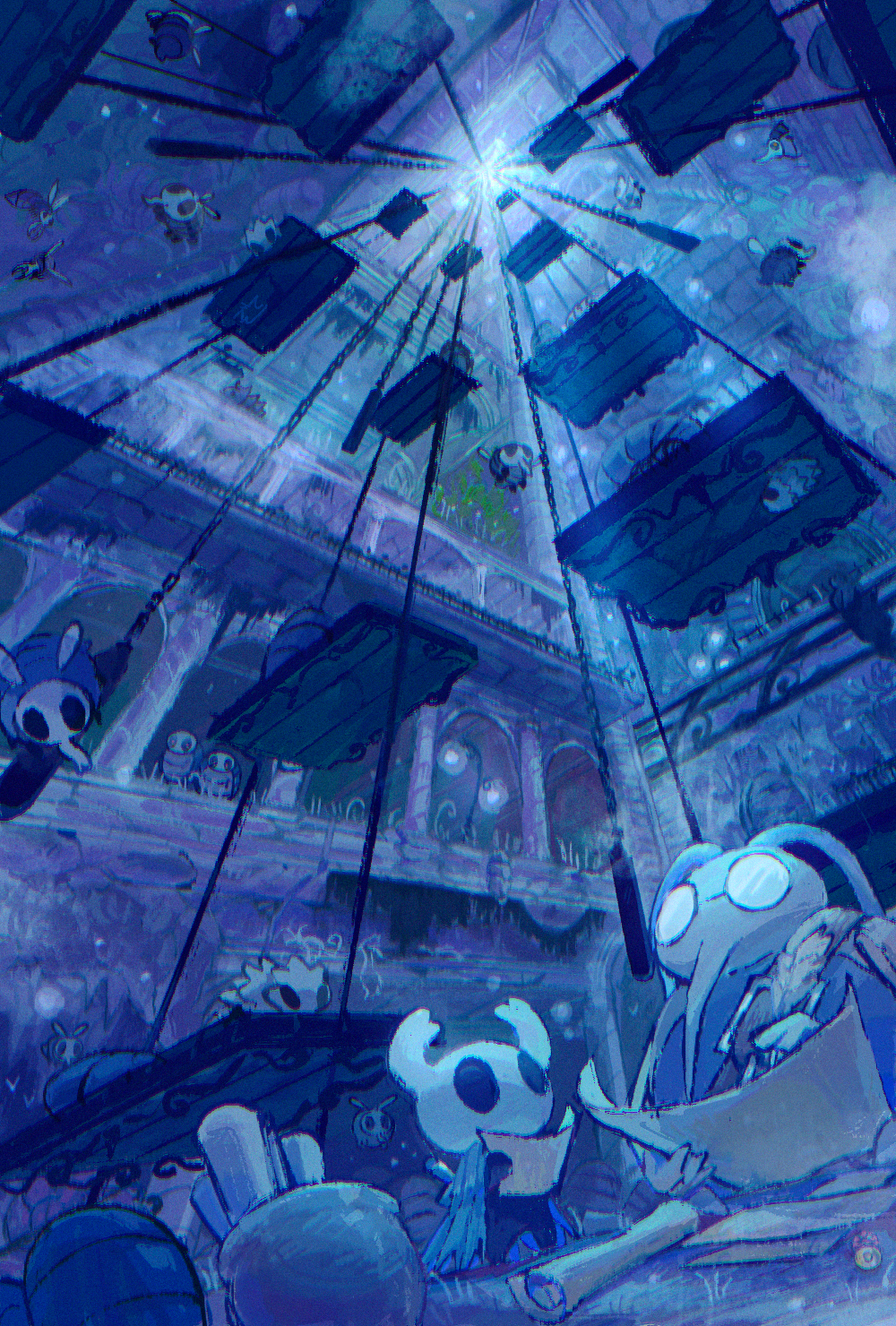 1boy 1other antennae arched_window bag balcony black_skin blipbugbug bug carapace chain colored_skin commentary_request cornifer from_below grey_cloak gruzzer_(hollow_knight) highres holding holding_map holding_paper holding_quill hollow_eyes hollow_knight horned_mask in-universe_location knight_(hollow_knight) map mask nail_(hollow_knight) paper perspective pillar plant platform proboscis quill railing round_eyewear scenery scroll sign standing tiktik_(hollow_knight) vanishing_point wandering_husk_(hollow_knight) weapon weapon_on_back white_mask window