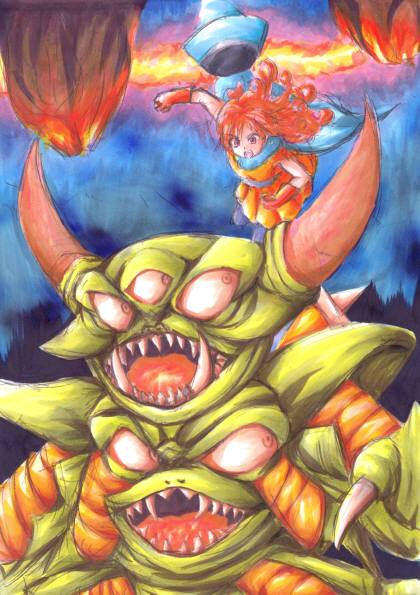 1girl alena_(dq4) cape chunsoft clenched_hand clenched_hands curly_hair death_pisaro dragon_quest dragon_quest_iv dress enix gloves hat horns jumping long_hair misaki777miki monster orange_hair