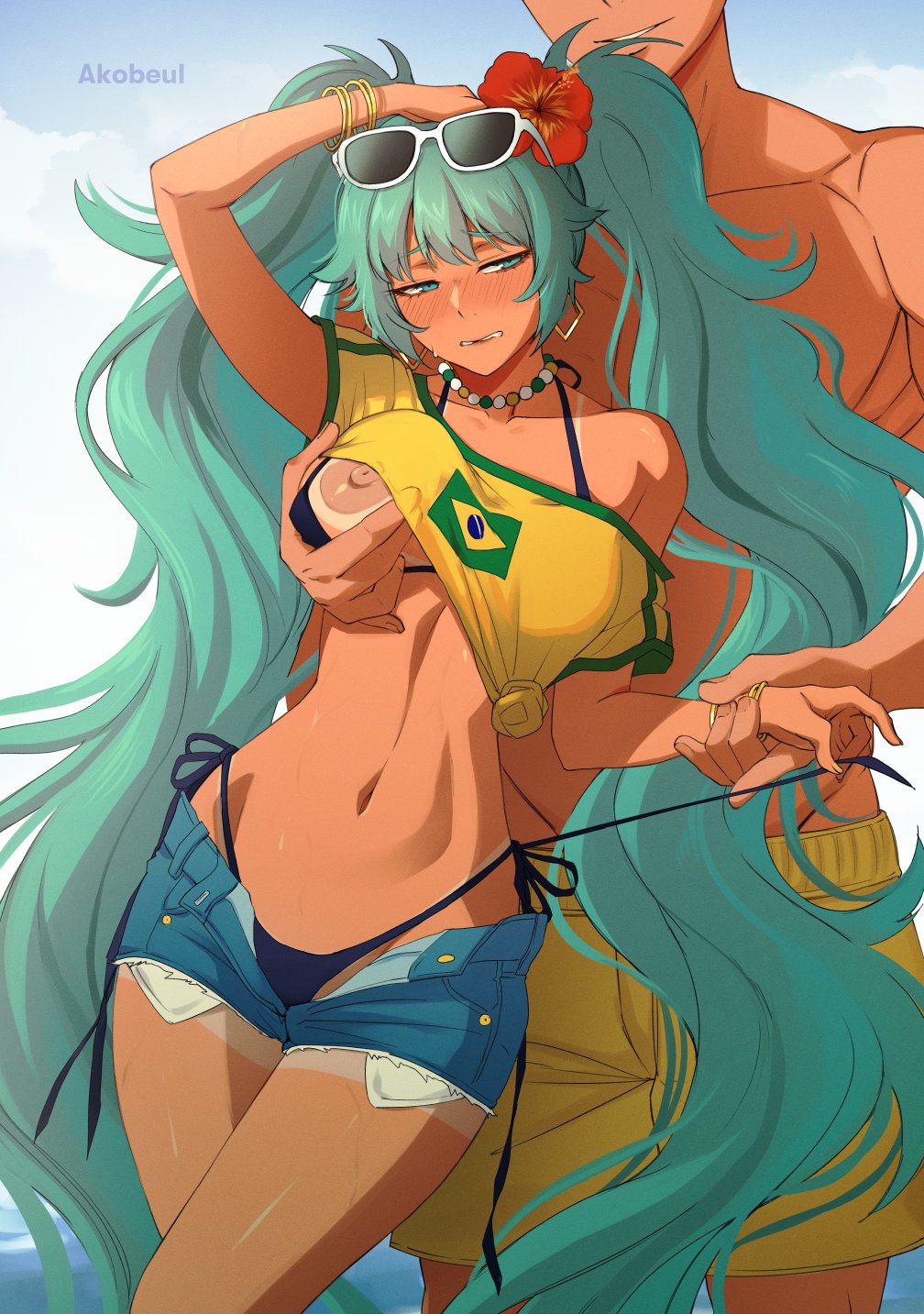 1boy 1girl akobeul alternate_costume aqua_hair arm_up bead_necklace beads bikini bikini_top_pull bikini_under_clothes black_bikini brazilian_flag brazilian_flag_print brazilian_miku breasts clothes_lift commentary cowboy_shot curvy cutoffs dark-skinned_female dark_skin denim denim_shorts earrings english_commentary eyewear_on_head flag_print flower furrowed_brow gold_armlet groping hair_flower hair_ornament hand_on_own_head hatsune_miku head_out_of_frame hetero highleg highleg_bikini highres holding_another&#039;s_wrist jewelry large_breasts long_hair looking_at_viewer looking_to_the_side male_swimwear navel necklace nipples parted_lips rectangular_earrings red_flower shirt shirt_lift short_shorts short_sleeves shorts side-tie_bikini_bottom sunglasses swimsuit tan tanline thighs thong thong_bikini tied_shirt twintails variant_set very_long_hair vocaloid wavy_hair white-framed_eyewear wide_hips yellow_male_swimwear yellow_shirt
