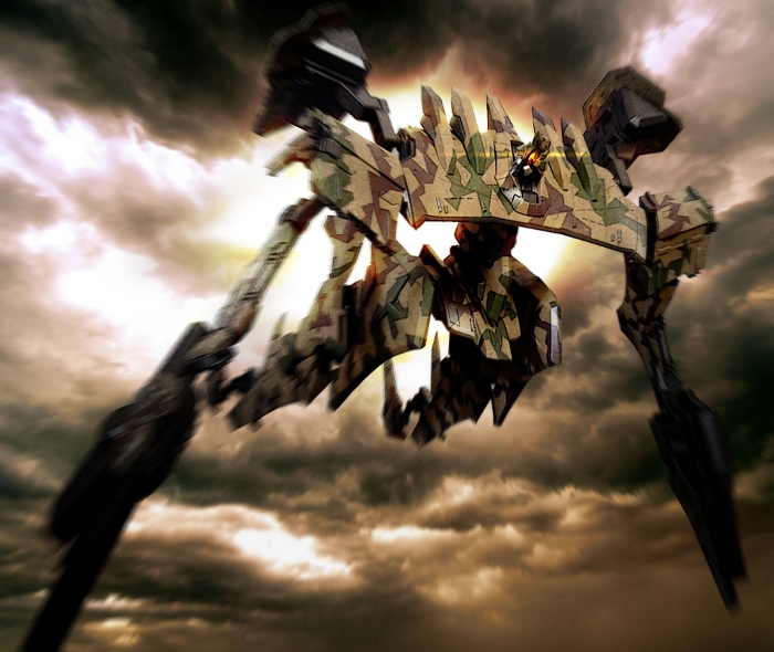 armored_core armored_core:_for_answer custom energy_gun fromsoftware gun laser_rifle machine_gun mecha no_humans outdoors robot rocket_launcher sky solo spread_missile weapon