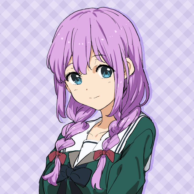 1girl 22/7 22/7_ongaku_no_jikan black_bow black_bowtie bow bowtie braid closed_mouth drop_shadow green_eyes green_shirt hair_bow long_hair long_sleeves low_twin_braids official_art portrait purple_background red_bow rokubanchou_school_uniform sailor_collar school_uniform serafuku shiina_momiji shirt sidelocks smile solo twin_braids white_sailor_collar winter_uniform