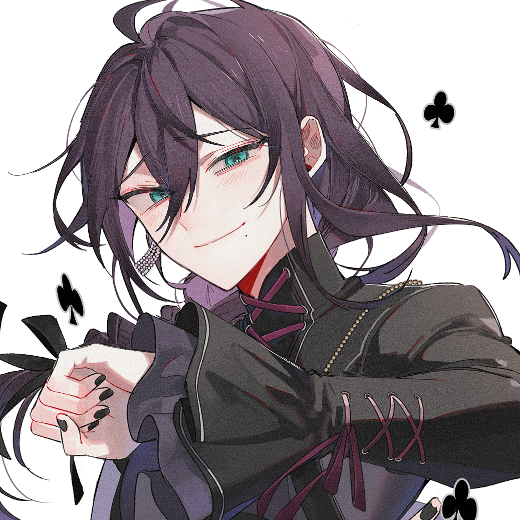 1boy ahoge anight ayase_mayoi ayase_mayoi_(eerie_dusk) black_nails black_shirt clenched_hand ensemble_stars! frilled_sleeves frills green_eyes hair_between_eyes hair_ribbon high_collar long_hair long_sleeves low_ponytail male_focus mole mole_under_mouth official_alternate_costume ponytail purple_eyes ribbon shirt smile solo upper_body