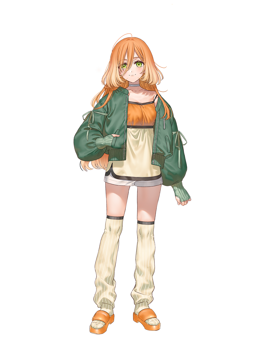 1girl :3 ahoge brown_leg_warmers camisole choker closed_mouth collarbone fingerless_gloves full_body gloves green_eyes green_jacket hair_between_eyes hand_in_jacket highres jacket kippu leg_warmers lilja_to_natsuka_no_junpaku_na_uso long_hair long_hair_between_eyes long_sleeves looking_at_viewer official_art open_clothes open_jacket orange_camisole orange_hair orange_sandals sandals sasanami_mahiru shorts simple_background single_off_shoulder solo spaghetti_strap tachi-e transparent_background two-tone_camisole white_choker white_shorts