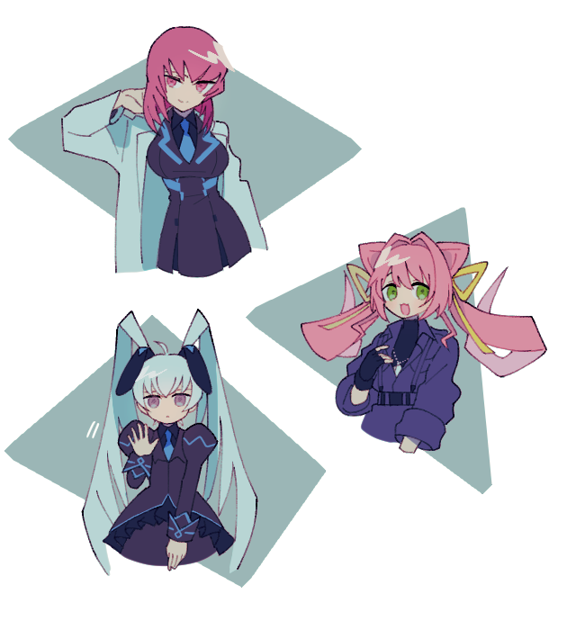 3girls black_shirt black_sweater blue_necktie breasts flat_chest green_eyes grey_eyes grey_jacket hair_ears jacket juliet_sleeves kouzuki_yuuko lab_coat large_breasts long_sleeves medium_hair military military_uniform multiple_girls muv-luv muv-luv_alternative necktie pink_hair puffy_sleeves purple_eyes purple_hair shirt silver_hair sweater tamase_miki twintails waving yashiro_kasumi yuri7s0