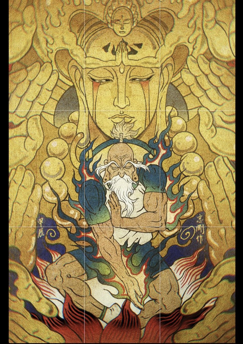 100-type_guanyin_bodhisattva 1boy beads beard blue_shirt blue_shorts bodhisattva chien_chih_kang facial_hair facing_viewer fighting_stance fine_art_parody flower highres hunter_x_hunter isaac_netero long_earlobes lotus male_focus muscular muscular_male mustache nen_(hunter_x_hunter) nihonga old old_man parody prayer_beads shirt short_sleeves shorts socks t-shirt topknot two-tone_shirt ukiyo-e white_hair white_shirt white_socks yellow_theme