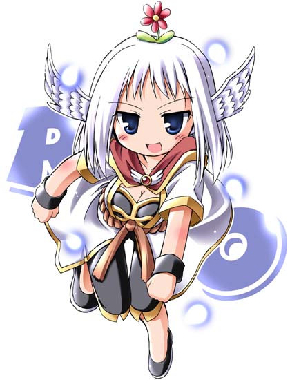 1girl 2000s_(style) :d black_shirt black_shoes black_shorts blue_eyes blush breasts chibi chibi_only cleavage coat commentary_request copyright_name energy_ball feathered_wings flower flower_on_head full_body head_wings hood hooded_coat leaning_forward looking_at_viewer medium_breasts medium_hair monk_(ragnarok_online) open_clothes open_coat open_mouth ragnarok_online red_flower rope_belt shirt shoes short_sleeves shorts simple_background smile solo tako_(all_delete) white_background white_coat white_hair wings
