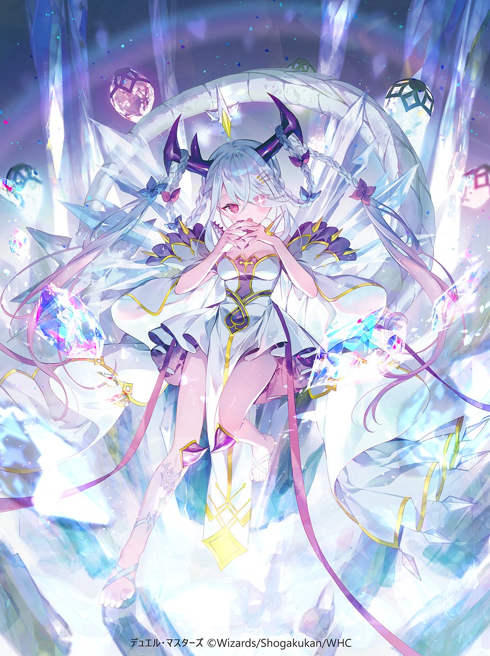 1girl crystal highres horns ibara_riato long_hair magic no_shoes red_eyes very_long_hair