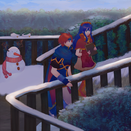 1boy 1girl armor bad_id bad_twitter_id blue_hair cape dress fire_emblem fire_emblem:_the_binding_blade hat lijupy lilina_(fire_emblem) nintendo red_hair roy_(fire_emblem) smile snow