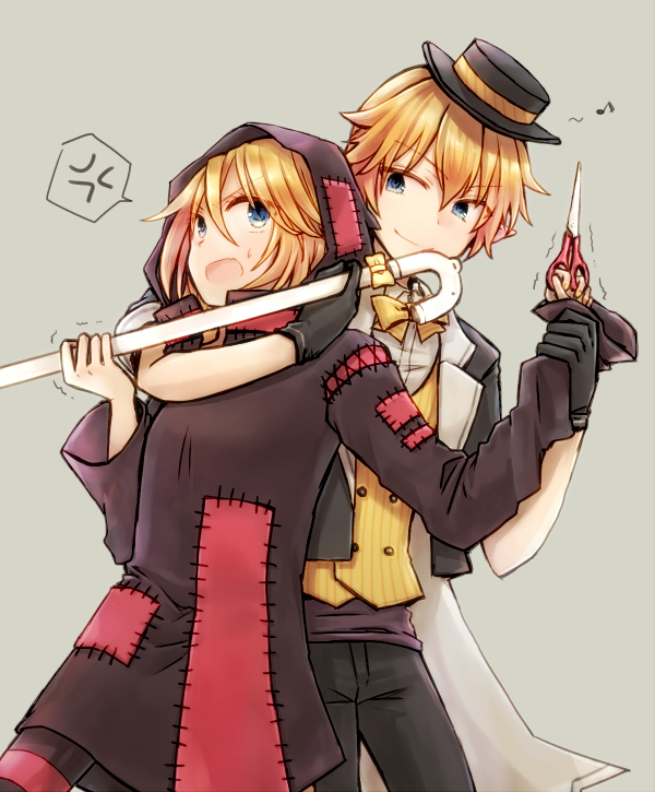 1boy 1girl anger_vein arm_around_neck black_dress black_headwear black_jacket black_pants brother_and_sister cane commentary cowboy_shot dress eighth_note formal_clothes grey_background haine_koko holding holding_another&#039;s_arm holding_cane holding_scissors hooded_dress jacket kagamine_len kagamine_len_(tricker) kagamine_rin kagamine_rin_(scissors) looking_at_another musical_note open_mouth pants patchwork_clothes project_diva_(series) restrained scissors siblings smile spoken_anger_vein standing suit sweatdrop trembling twins v-shaped_eyebrows vest vocaloid yellow_vest yumekui_shirokuro_baku_(vocaloid)