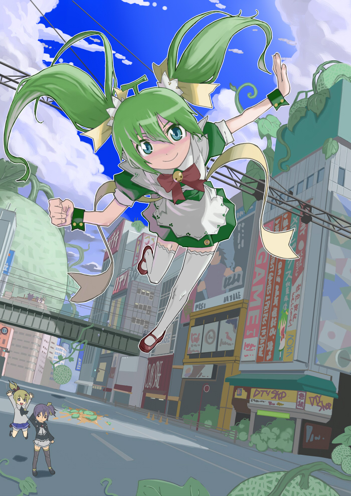 1girl 310 blue_eyes bow city female_focus flying food fruit hair_ribbon looking_at_viewer maid melon melon-chan melonbooks ribbon smile solo thighhighs twintails white_thighhighs wrist_cuffs yellow_bow