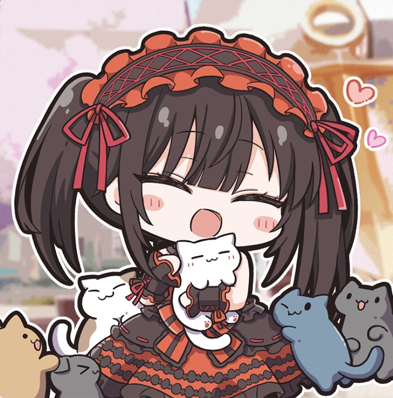1girl animal blunt_bangs blurry blurry_background blush_stickers cat chibi closed_eyes commentary_request date_a_live dress frilled_hairband frills hair_ribbon hairband heart holding holding_animal holding_cat long_hair multiple_cats nejikirio no_nose open_mouth red_dress red_ribbon ribbon sidelocks tokisaki_kurumi twintails