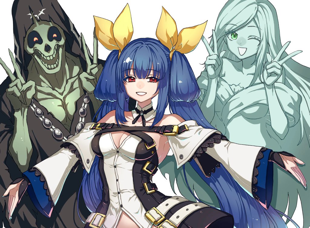 1girl ^_^ angel_wings armpits bare_shoulders belt blue_hair breasts cleavage closed_eyes collarbone detached_sleeves dizzy_(guilty_gear) ebi_pri_shrimp guilty_gear guilty_gear_xrd hair_ribbon hair_rings large_breasts long_hair midriff necro_(guilty_gear) one_eye_closed open_mouth red_eyes ribbon showgirl_skirt simple_background smile twintails undine_(guilty_gear) v white_background wings yellow_ribbon