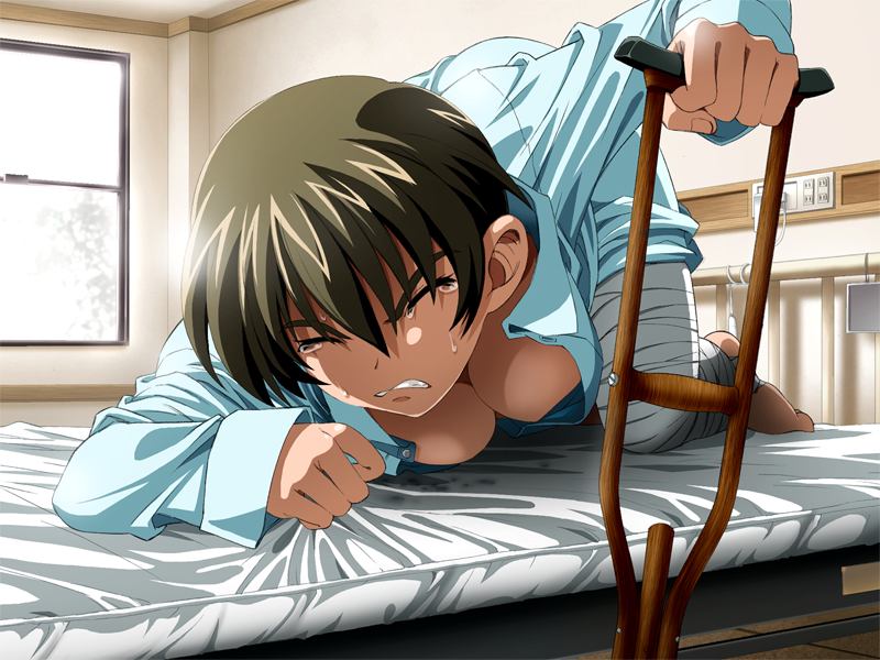 1girl bandages barefoot bed bed_sheet breast_press breasts clenched_hand clenched_teeth closed_eyes edelweiss female_focus game_cg hanging_breasts hinata_mizuki hospital indoors katakura_shinji nipples sad sheet_grab short_hair solo sweat tears teeth window