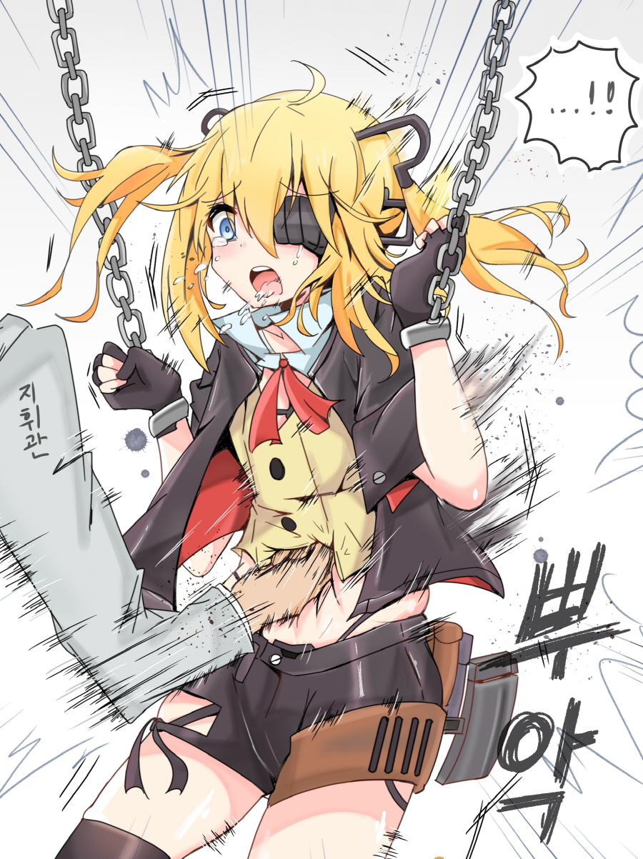 1girl black_shorts black_thighhighs blonde_hair blue_eyes blush chain chained cyberdemon_no3 eyepatch girls&#039;_frontline gloves hair_ornament highres midriff open_mouth punching ryona shorts skorpion_(girls&#039;_frontline) solo_focus stomach_punch tears thighhighs