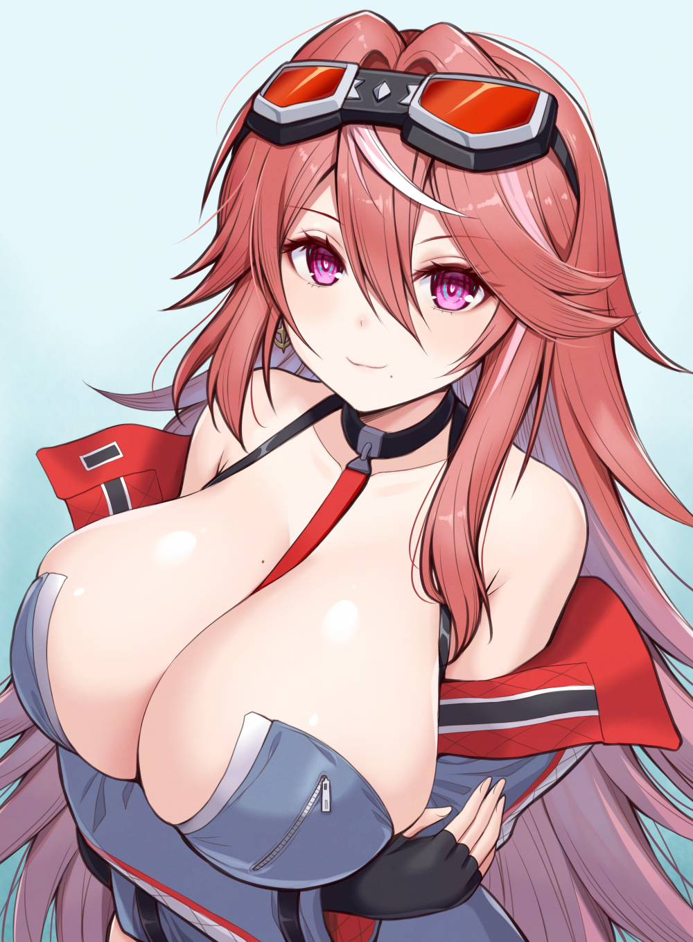 1girl asamura_hiori azur_lane bare_shoulders black_choker black_gloves blue_coat blue_dress breasts choker cleavage closed_mouth coat collarbone commentary_request crossed_arms dress fingerless_gloves franklin_(azur_lane) gloves goggles goggles_on_head hair_between_eyes highres huge_breasts long_hair long_sleeves looking_at_viewer mole mole_on_breast mole_under_mouth multicolored_hair necktie off_shoulder pink_eyes red_hair red_necktie sidelocks sleeveless sleeveless_dress smile solo standing streaked_hair two-tone_hair upper_body white_hair zipper zipper_pull_tab