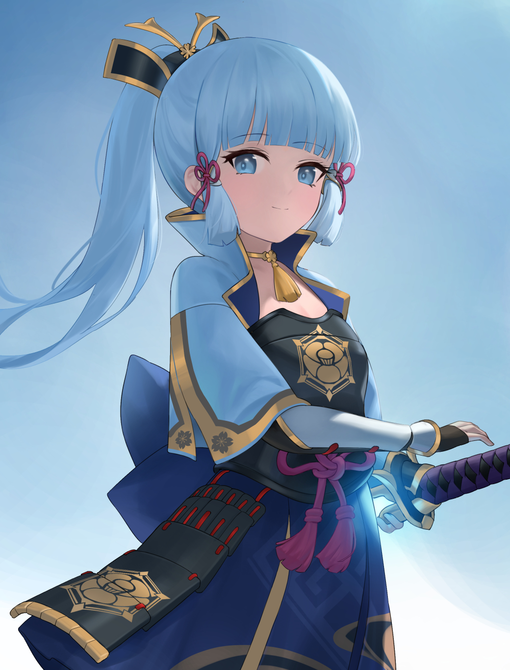 1girl arm_guards armor armored_dress ayaka_(genshin_impact) blue_dress blue_eyes blue_hair blue_shirt blunt_bangs blush breastplate breasts bridal_gauntlets detached_sleeves dou dress genshin_impact hair_ornament highres japanese_armor jewelry katana large_breasts light_blue_hair long_hair looking_at_viewer neck_ring open_clothes open_shirt ponytail rope s.w shirt short_sleeves sidelocks smile solo sword tassel weapon