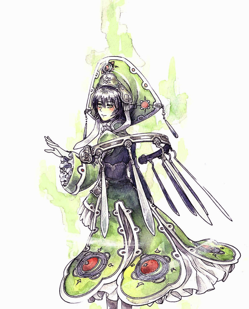00s bad_id bad_pixiv_id black_hair dress green_eyes hat kamitani_(3tya) painting_(medium) seth_nightroad short_hair solo traditional_media trinity_blood watercolor_(medium)