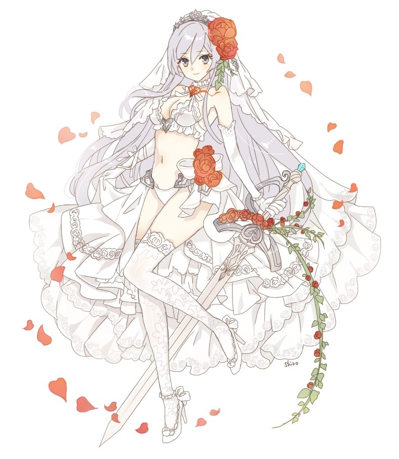 1girl alternate_costume armor bad_id bad_twitter_id bikini bow breasts bridal_veil choker closed_mouth elbow_gloves flower gloves grey_eyes grey_hair high_heels holding holding_sword holding_weapon lace leaf long_hair looking_at_viewer medium_breasts navel red_flower red_petals red_rose rose shiro_snow sinoalice smile snow_white_(sinoalice) solo swimsuit sword thighhighs veil weapon white_gloves white_thighhighs