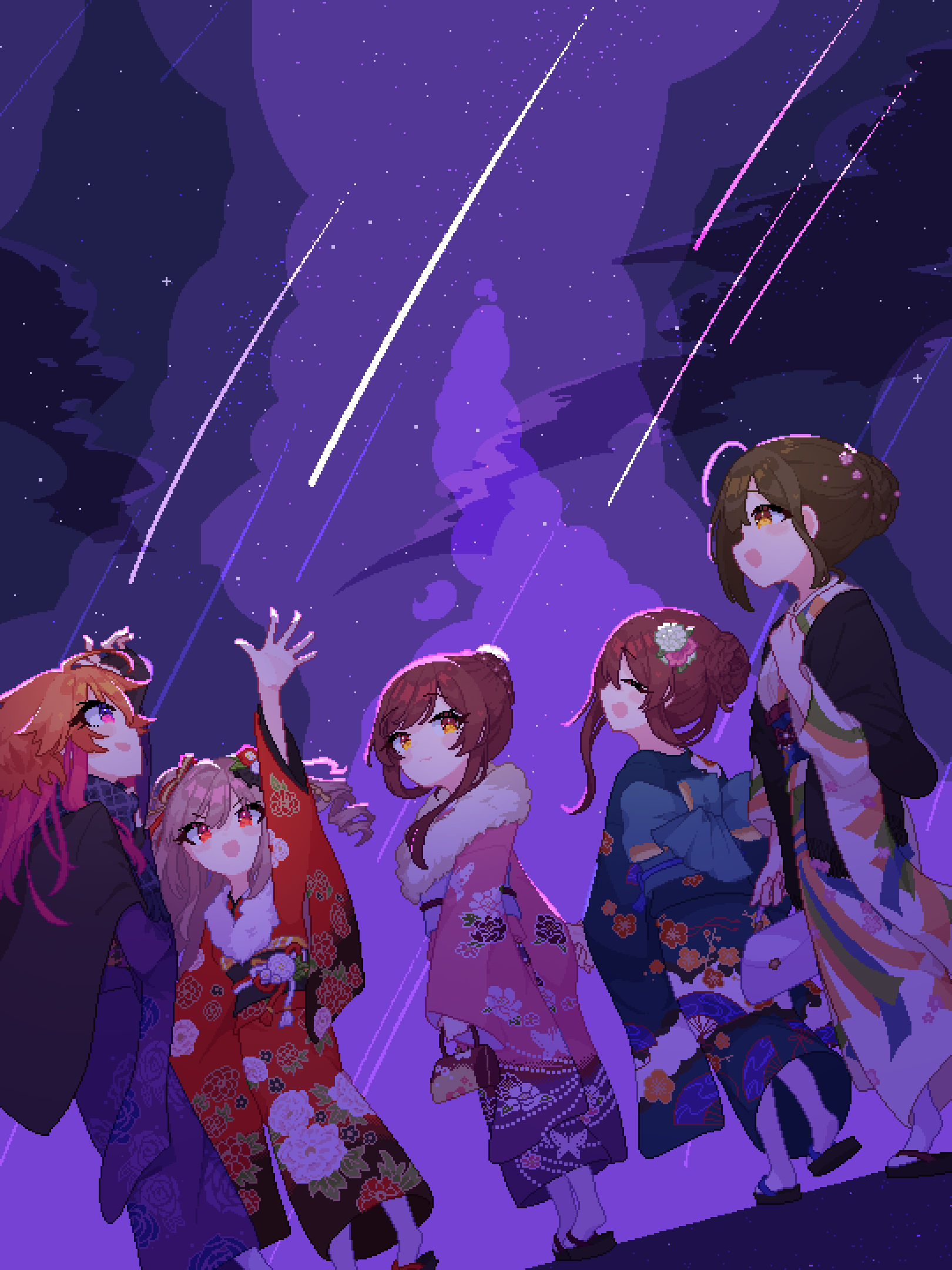 5girls ahoge alstroemeria_(idolmaster) arm_up aya_hawk blue_kimono brown_hair closed_eyes closed_mouth floral_print floral_print_kimono hair_bun highres idolmaster idolmaster_cinderella_girls idolmaster_shiny_colors in-franchise_crossover japanese_clothes kanzaki_ranko kimono kuwayama_chiyuki long_hair long_sleeves multicolored_hair multiple_girls night night_sky ninomiya_asuka obi open_mouth orange_hair osaki_amana osaki_tenka outdoors pink_hair pink_kimono pixel_art print_kimono red_eyes red_hair red_kimono sash shooting_star single_hair_bun sky smile standing star_(sky) two-tone_hair wide_sleeves