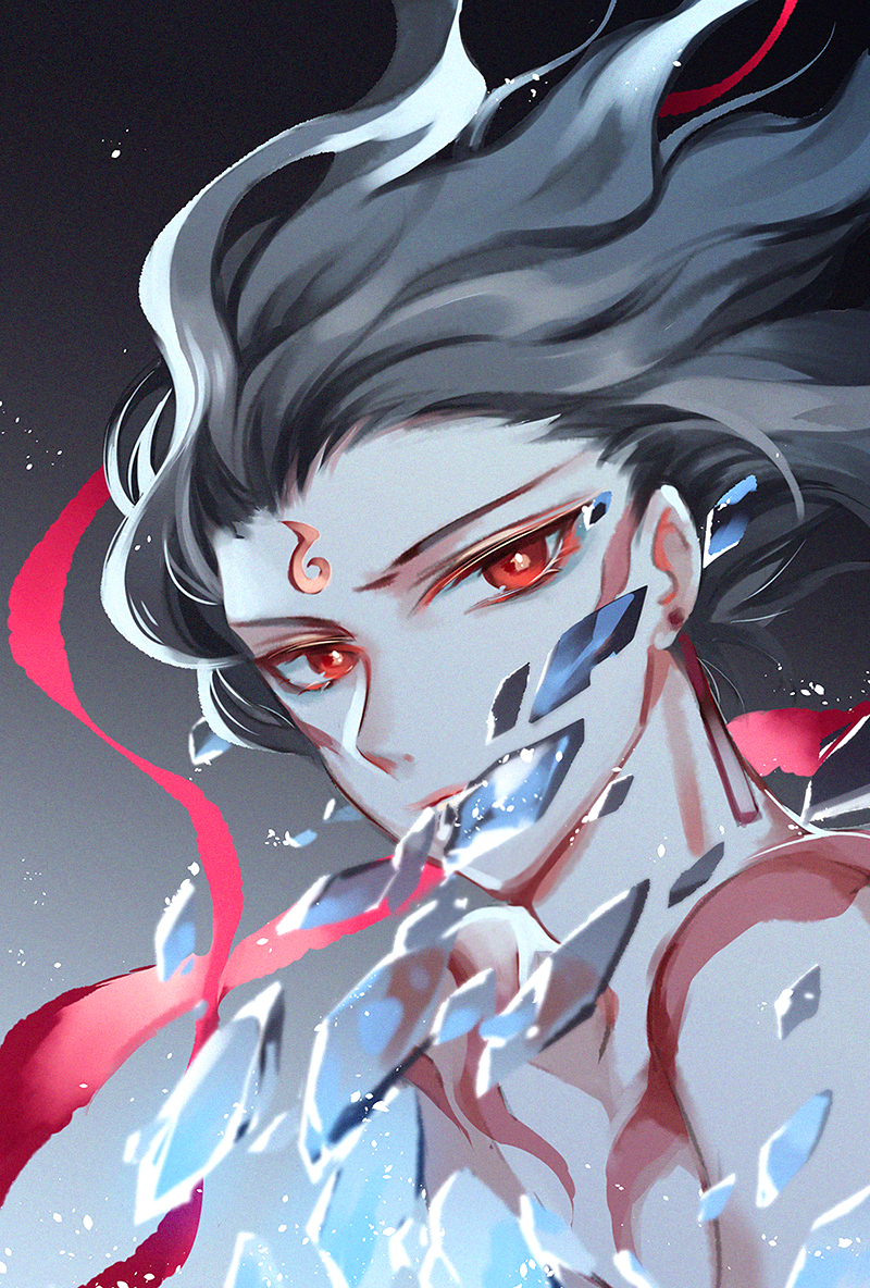 1boy black_background black_hair chest_tattoo chinese_commentary closed_mouth earrings expressionless facial_mark floating_hair forehead_mark glass_shards hair_slicked_back jewelry light_particles long_hair looking_to_the_side male_focus nezha_(nezha_zhi_motong_jiangshi) nezha_zhi_motong_jiangshi portrait red_eyes red_ribbon ribbon solo tattoo topless_male wavy_hair xiao_xiao_zuowen