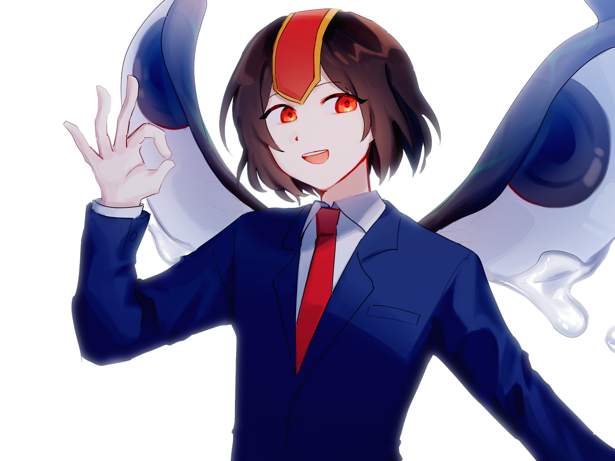 1other androgynous blazer blue_jacket breast_pocket brown_hair collared_jacket collared_shirt commentary_request crying dot_nose eye_of_senri happy headgear highres jacket kokutenshi_hibaru lapels layered_sleeves len'en long_sleeves looking_at_viewer necktie notched_lapels open_mouth other_focus partial_commentary pocket re1re133 red_eyes red_necktie shirt short_hair simple_background smile solo teardrop teeth upper_body upper_teeth_only v-neck white_background white_shirt wings yen_sign