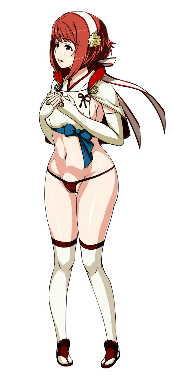 breasts cape crop_top fingerless_gloves fire_emblem fire_emblem_fates gloves hand_on_own_chest headband highres japanese_clothes kimono midriff navel nintendo panties red_hair ribbon sakura sakura_(fire_emblem) sandals short_hair sideboob solo thong underwear white_legwear