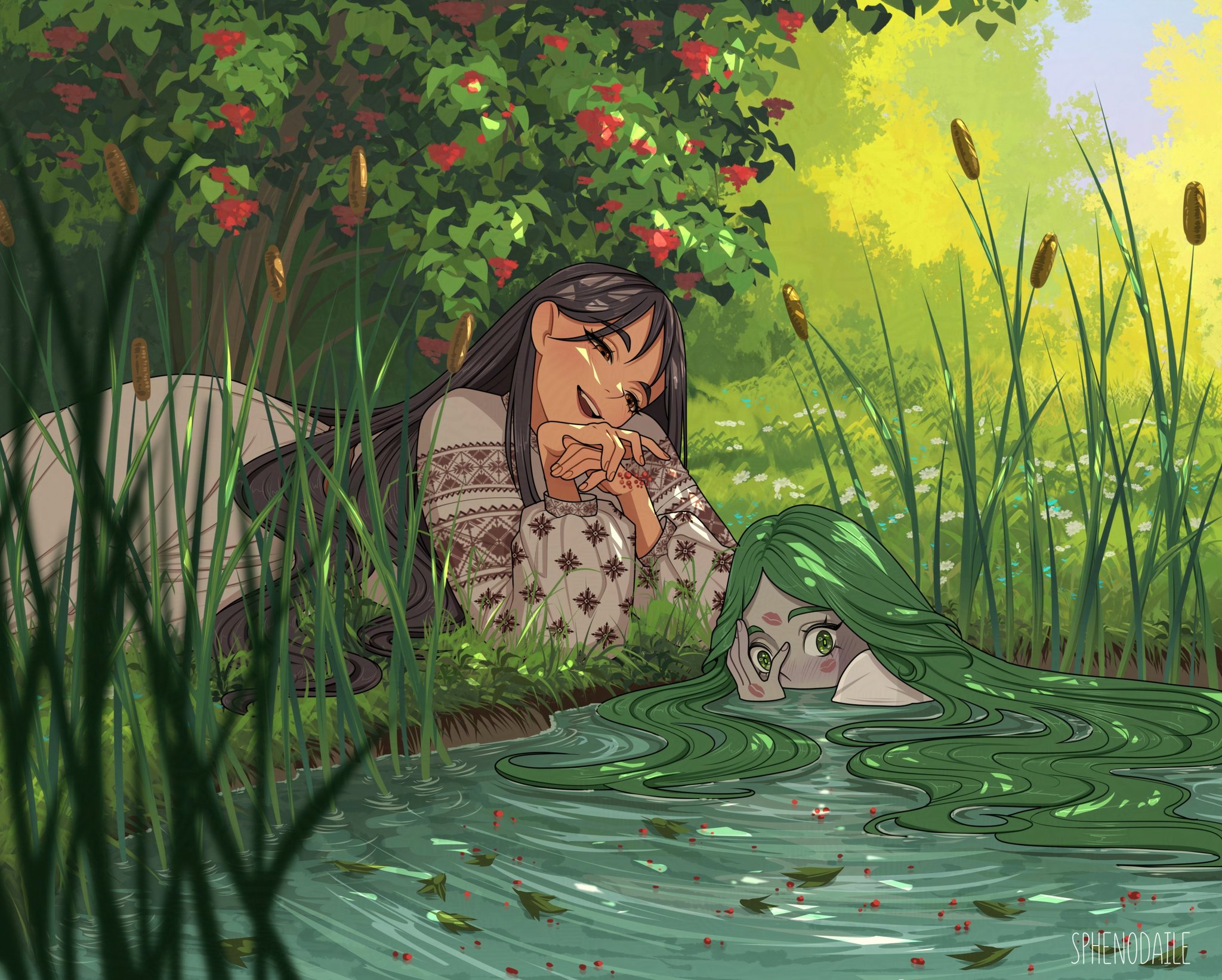 2girls after_kiss blush couple forest green_eyes green_hair highres implied_after_kiss implied_kiss in_water long_hair mavka multiple_girls nature pond smug sphenodaile ukraine ukrainian_clothes vyshyvanka yuri
