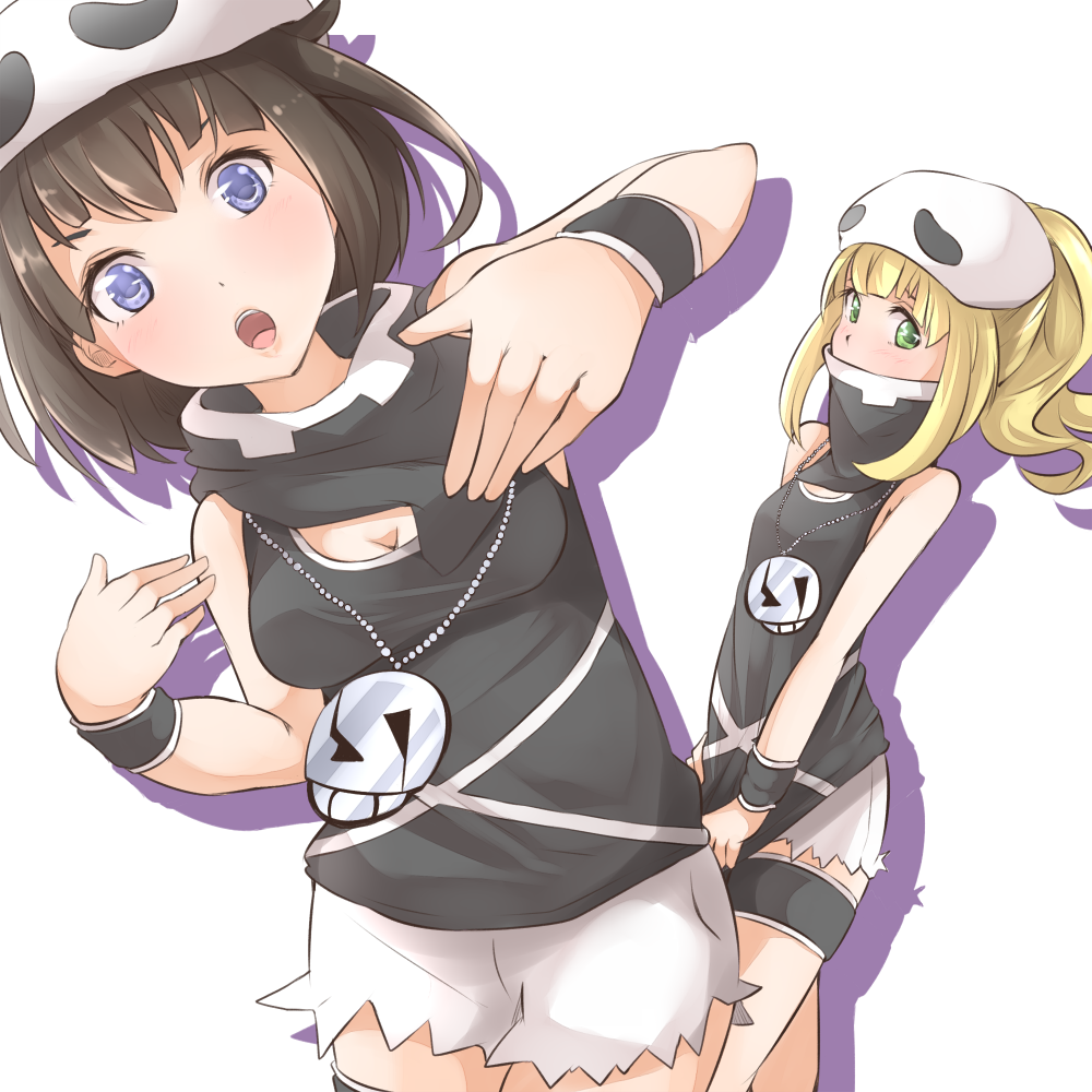 2girls bad_id bad_pixiv_id bandana bare_shoulders black_hair blonde_hair blue_eyes blush breasts cleavage clothes_pull cosplay covering_own_mouth green_eyes hand_gesture jewelry lillie_(pokemon) lips looking_at_viewer multiple_girls necklace nintendo open_mouth pokemon pokemon_sm ponytail selene_(pokemon) shirt_pull short_hair shorts shuga_(soranote) simple_background skull-shaped_hat skull_hat skull_necklace small_breasts tank_top team_skull team_skull_grunt team_skull_grunt_(cosplay) thigh_strap white_background wristband