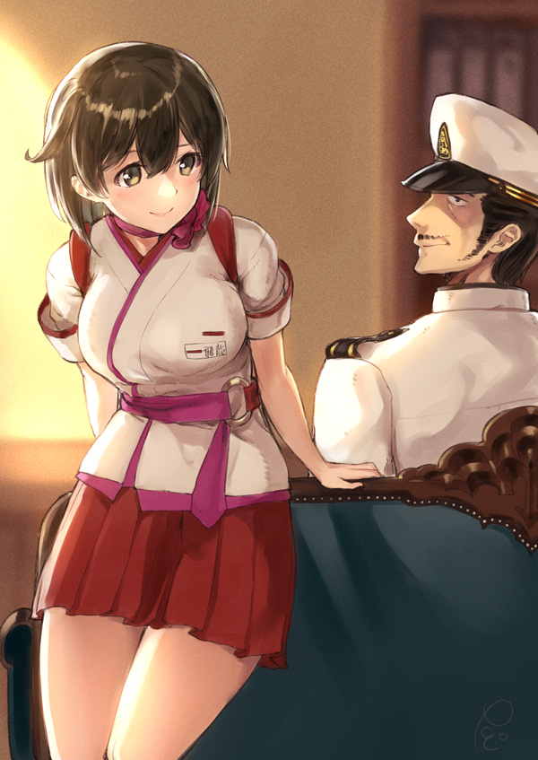 1boy 1girl admiral_(kancolle) black_hair brown_eyes brown_hair chair cowboy_shot employee_uniform epaulettes facial_hair flight_attendant hat hiryuu_(kancolle) hiryuu_(peach)_(kancolle) kantai_collection military military_uniform mustache naval_uniform peach_(airline) peaked_cap pleated_skirt poco_(backboa) red_skirt short_hair signature skirt travel_attendant