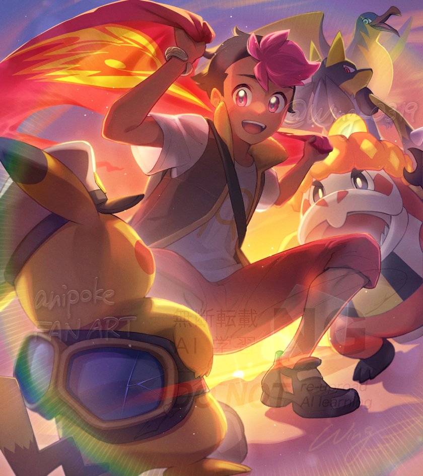 :d alternate_color black_shoes bracelet capri_pants captain_pikachu commentary_request crocalor gen_1_pokemon gen_4_pokemon holding jewelry kilowattrel lucario multicolored_hair nintendo open_clothes open_mouth open_vest outdoors pants pikachu pink_eyes pink_hair pokemon pokemon_(anime) pokemon_(creature) pokemon_horizons red_pants roy_(pokemon) shiny_pokemon shirt shoes short_sleeves signature smile squatting t-shirt teeth twitter_username two-tone_hair upper_teeth_only vest watermark wing_(wing_0319)
