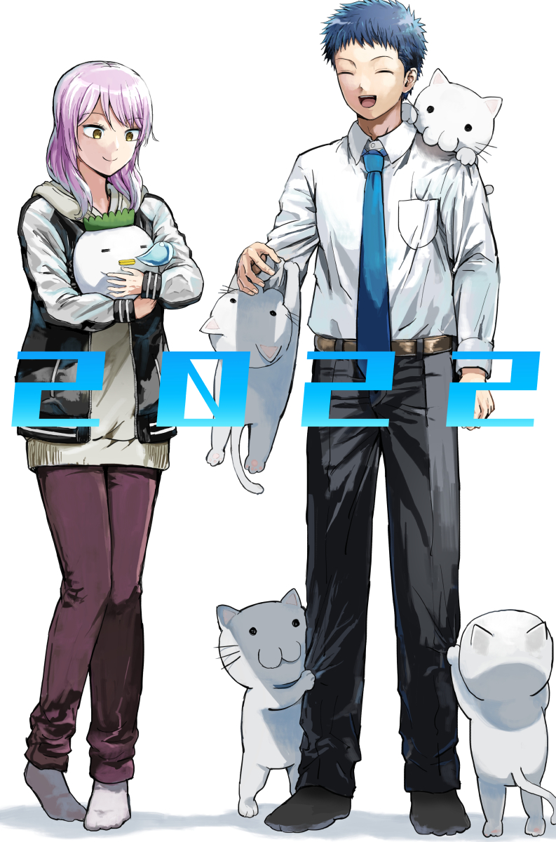 1boy 1girl 2022 :d ^_^ animal belt belt_buckle black_jacket black_pants blue_hair blue_necktie brown_belt brown_eyes brown_pants buckle cat closed_eyes closed_mouth collared_shirt commentary_request grey_hoodie grey_socks highres hood hood_down hoodie jacket letterman_jacket long_sleeves necktie no_shoes nose_bubble open_clothes open_jacket open_mouth original pageratta pants pink_hair shadow shirt simple_background smile socks standing white_background white_cat white_shirt