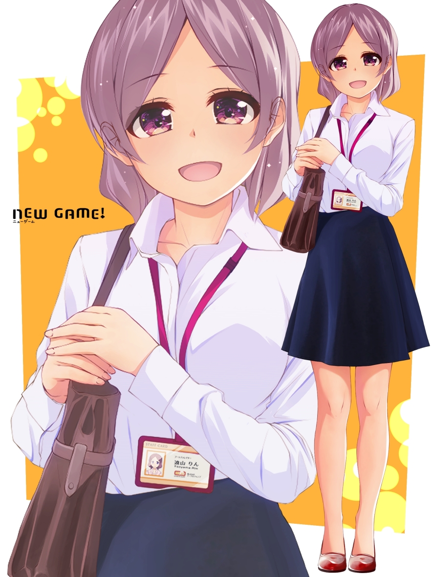 :d bag bare_legs breasts chuutaro_metal collarbone copyright_name full_body handbag id_card lanyard looking_at_viewer medium_breasts new_game! office_lady open_mouth purple_eyes purple_hair shoes short_hair skirt smile tooyama_rin