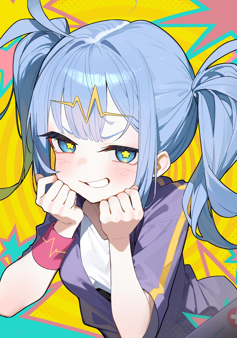 1girl ahoge blue_eyes blush grey_hair hands_on_own_cheeks hands_on_own_face hatsune_miku highres jacket looking_at_viewer overlord_(overlord80000) purple_jacket shirt smirk solo sweatband symbol-shaped_pupils teeth telepathy_(vocaloid) twintails upper_body v-neck vocaloid white_shirt yellow_pupils