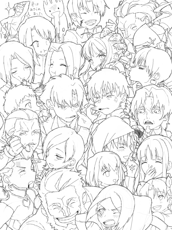 6+boys 6+girls anger_vein artoria_pendragon_(fate) assassin_(fate/zero) bad_drawr_id bad_id berserker_(fate/zero) carnival_phantasm cheek_pull chibi command_spell dancing diarmuid_ua_duibhne_(fate) diarmuid_ua_duibhne_(lancer)_(fate) drawr emiya_kiritsugu emiya_shirou everyone fate/zero fate_(series) gilgamesh_(fate) gilles_de_rais_(caster)_(fate) gilles_de_rais_(fate) grail-kun greyscale hisau_maiya illyasviel_von_einzbern irisviel_von_einzbern iskandar_(fate) kayneth_archibald_el-melloi kotomine_kirei kotomine_kirei_(fate/zero) matou_kariya matou_sakura matou_sakura_(fate/zero) monochrome multiple_boys multiple_girls oekaki parody roe_(d-c_-b) saber_(fate) sola-ui_nuada-re_sophia-ri tohsaka_aoi tohsaka_rin tohsaka_rin_(fate/zero) tohsaka_tokiomi uryuu_ryuunosuke waver_velvet