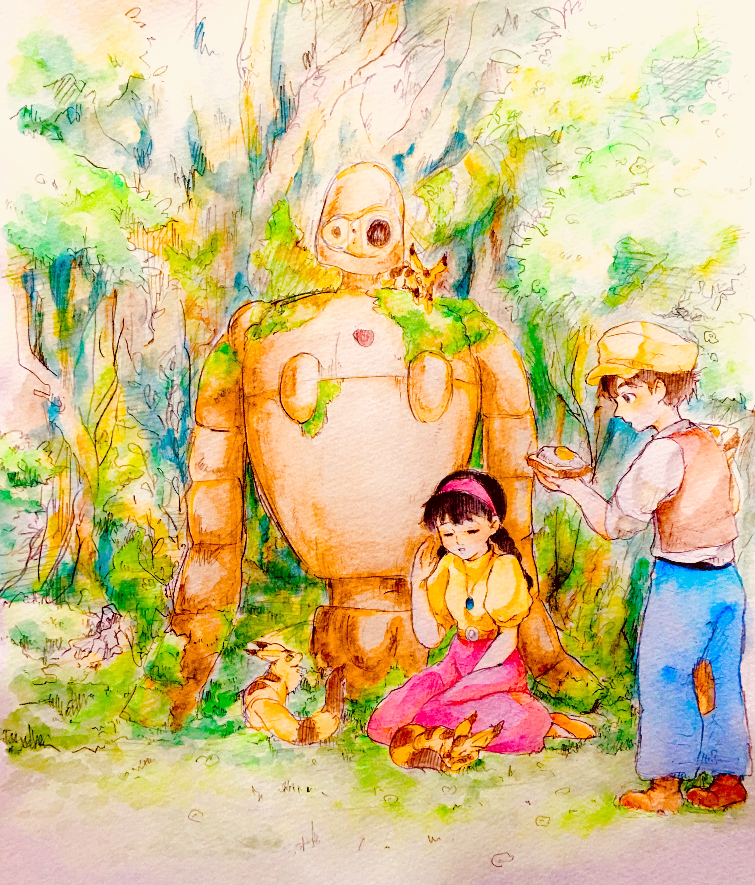 1boy 1girl absurdres blue_pants braid bread bread_slice brown_hair brown_vest closed_eyes creature day dual_wielding food forest fox_squirrel fried_egg fried_egg_on_toast gem grass hairband hand_up hat highres holding laputa_robot long_hair nature outdoors painting_(medium) pants pazu pink_hairband pink_skirt robot s_s_dream_world sheeta shirt skirt tenkuu_no_shiro_laputa toast traditional_media twin_braids twintails vest watercolor_(medium) white_shirt yellow_hat yellow_shirt