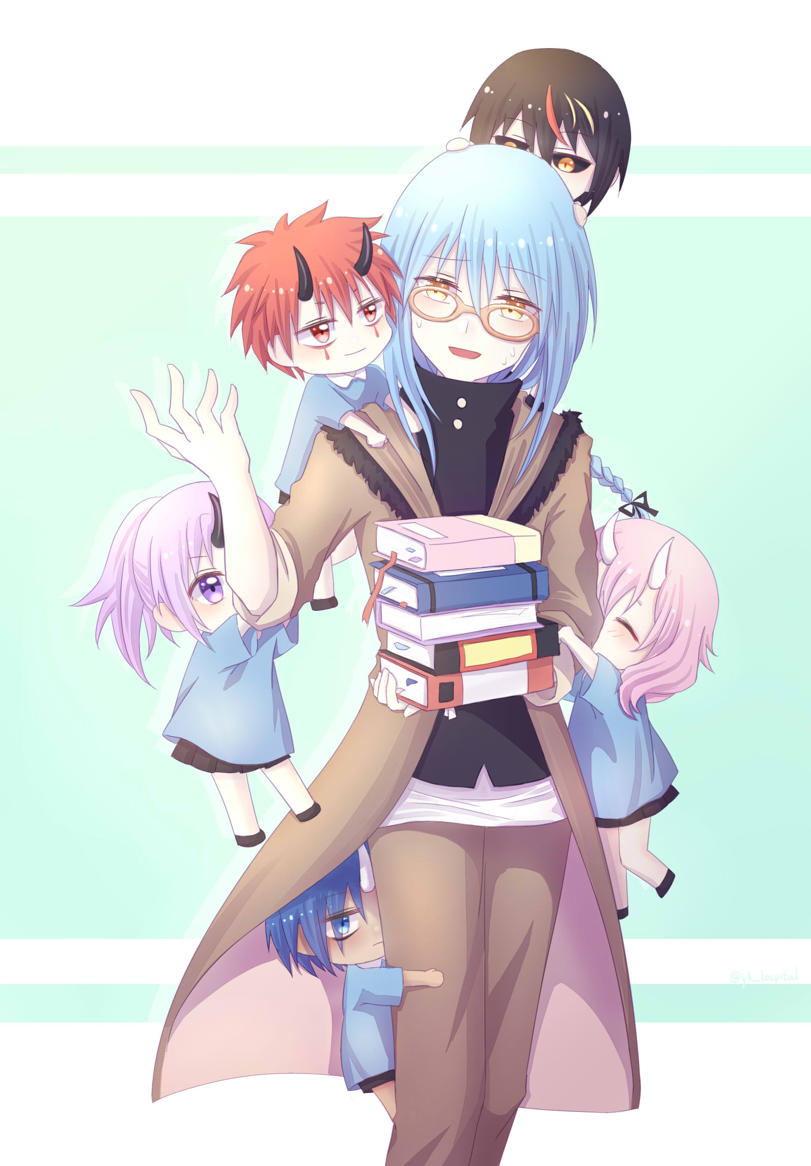 1other 2girls 3boys aged_down benimaru_(tensura) black_hair blue_eyes blue_hair book brown_jacket diablo_(tensura) glasses highres horns jacket multiple_boys multiple_girls purple_eyes purple_hair red_hair rimuru_tempest shion_(tensura) short_hair shuna_(tensura) soei_(tensura) tensei_shitara_slime_datta_ken yellow_eyes youzora