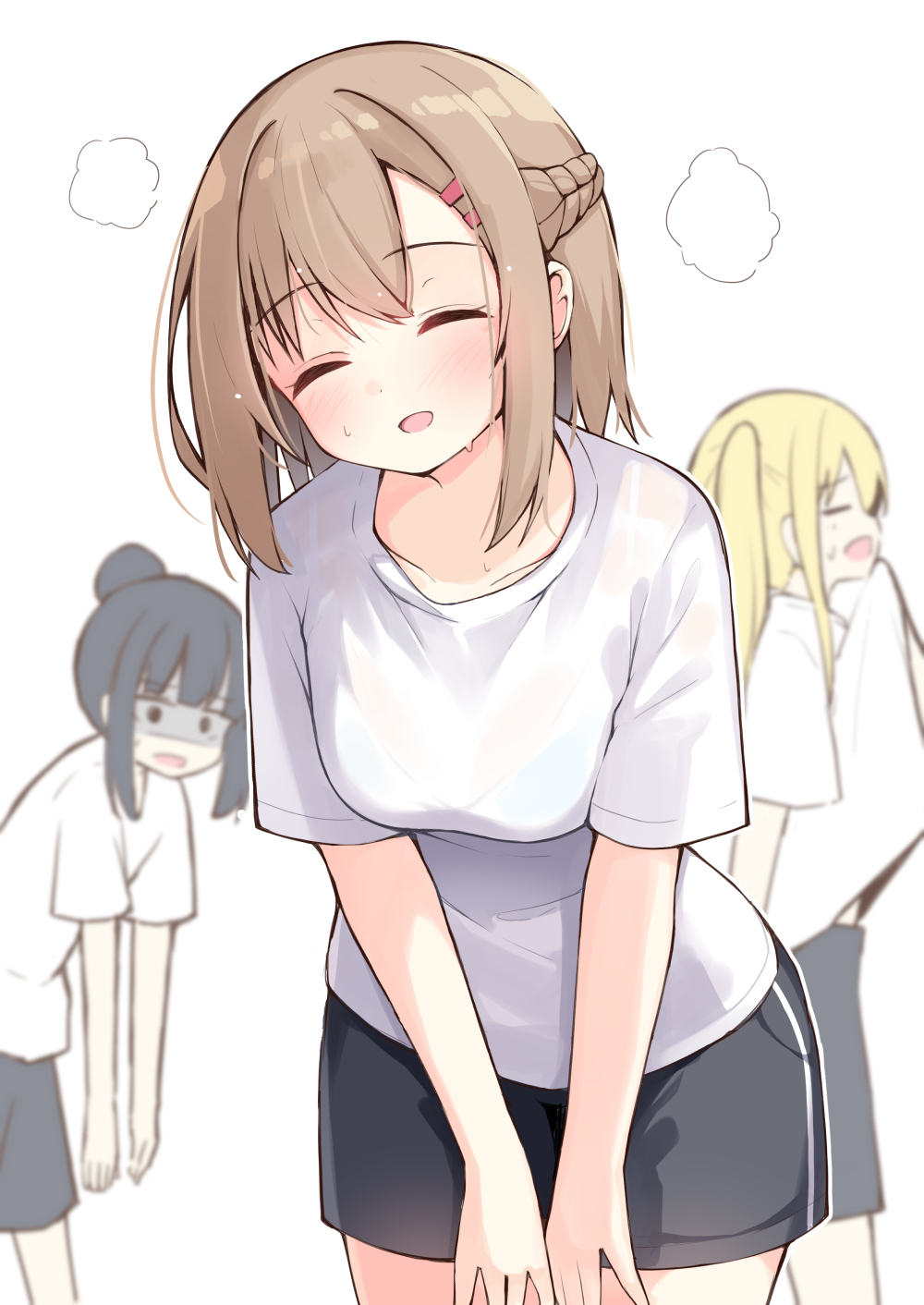 3girls :d ^_^ black_hair black_shorts blonde_hair blush braid breasts brown_hair childhood_friend_(ominaeshi) closed_eyes commentary_request facing_viewer gym_shirt gym_shorts gym_uniform hair_between_eyes hair_bun hair_ornament hairclip highres leaning_forward medium_breasts multiple_girls ominaeshi_(takenoko) open_mouth original shaded_face shirt short_sleeves shorts sidelocks simple_background smile standing sweat twintails white_background white_shirt