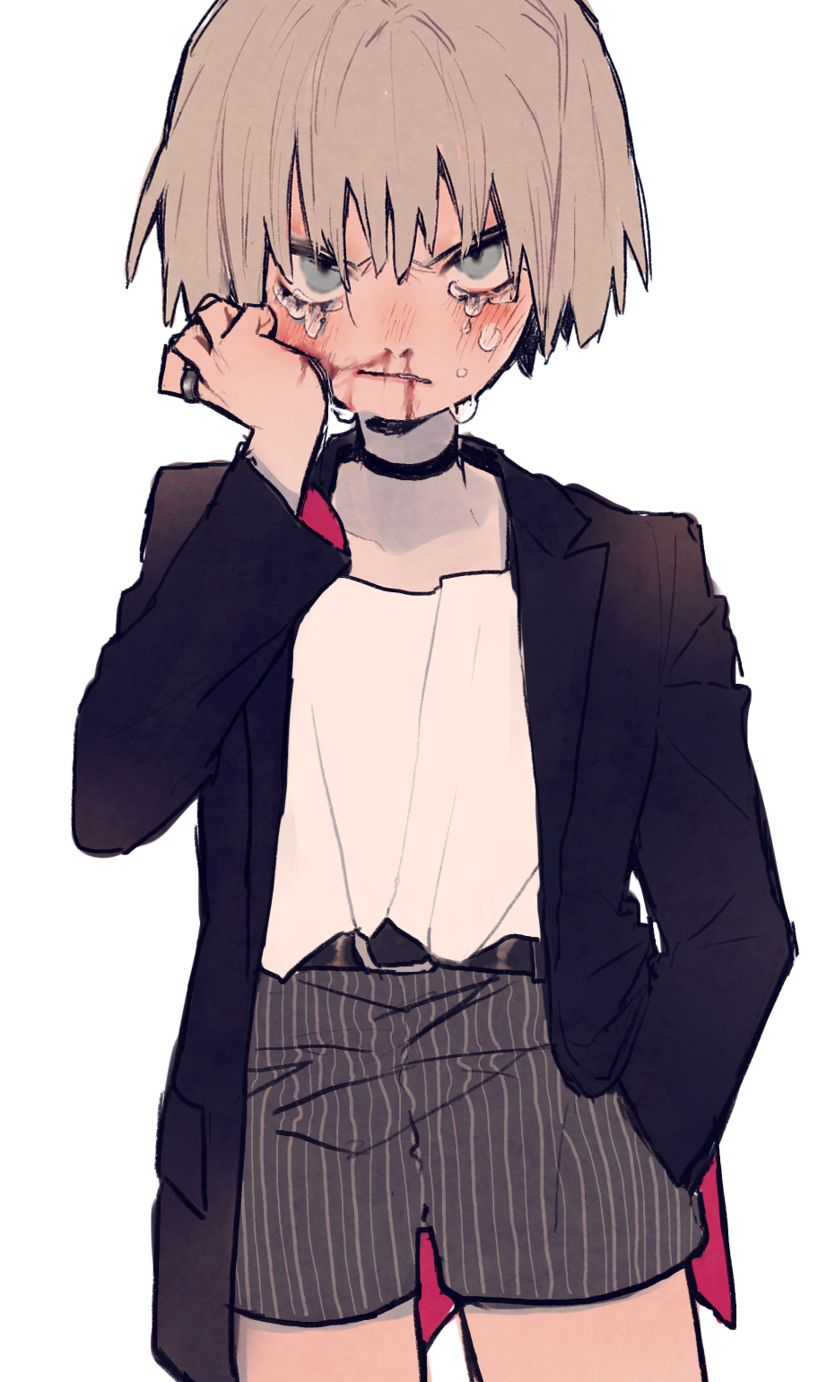 1boy belt belt_buckle black_belt black_choker black_jacket blood blue_eyes buckle check_gender choker coattails collared_jacket cowboy_shot crying crying_with_eyes_open frown furrowed_brow gender_request grey_shorts hand_on_own_cheek hand_on_own_face highres jacket jewelry kouhara_yuyu lapels light_blush long_sleeves male_focus nosebleed notched_lapels original pain parted_lips pinstripe_shorts red_jacket ring shirt shorts simple_background solo standing tears teeth two-sided_fabric two-sided_jacket white_background white_shirt wiping_blood